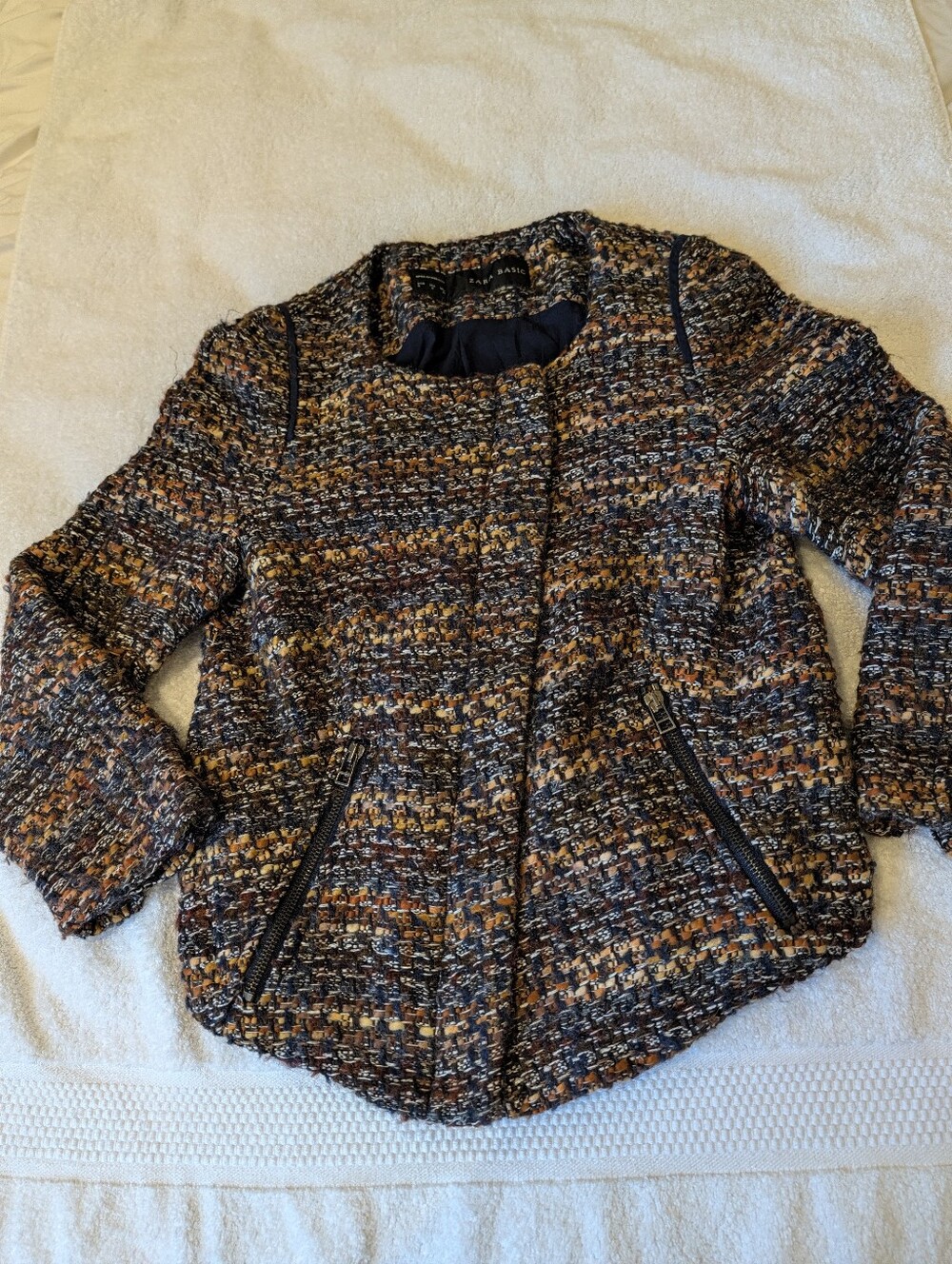 Zara Textured Boucle Tweed Moto Jacket Brown Rust Navy Collarless Zip S Small